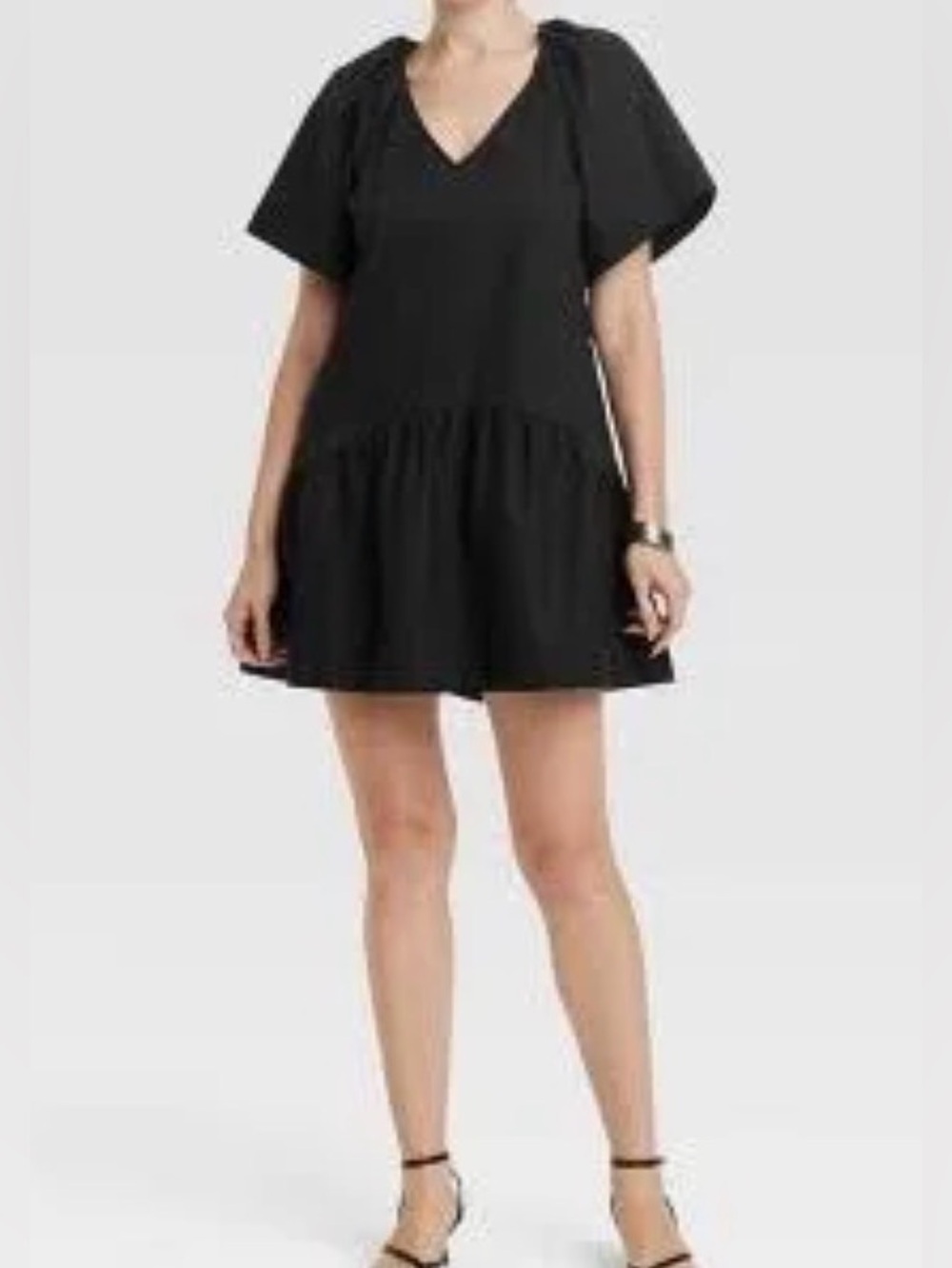 a new day Black V‑Neck Flutter Sleeve  Babydoll Mini Dress.